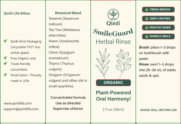 Qimli SmileGuard Herbal Rinse packaging with product details and usage instructions.