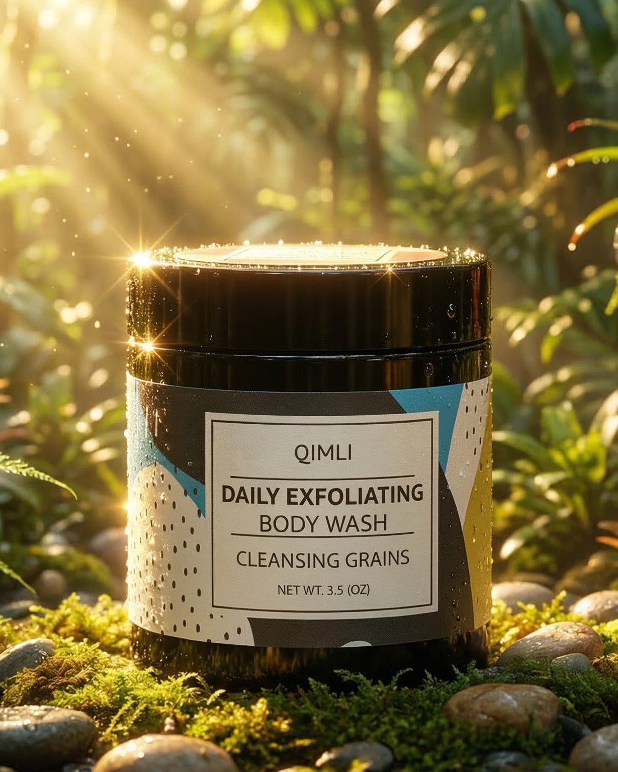 Qimli daily exfoliating body wash jar on a marble surface with decorative elements