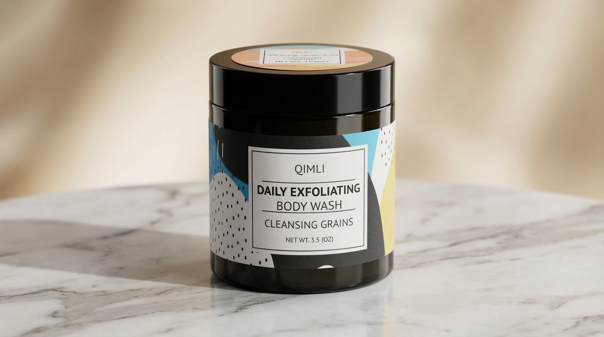 Qimli Daily Exfoliating Body Wash jar on a marble surface with a beige background