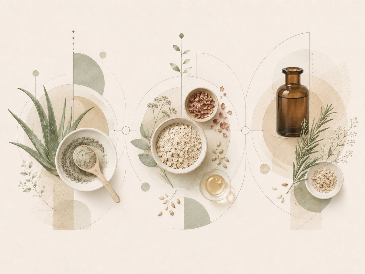 Botanical powders clays oats grains and plant oils used in Qimli skincare