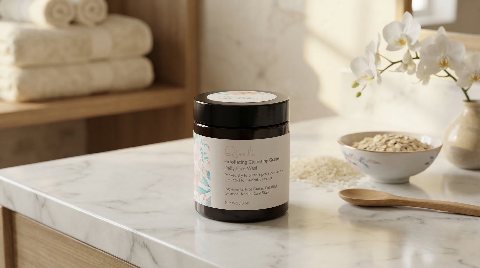 Cosmetic jar on a marble surface with a neutral background