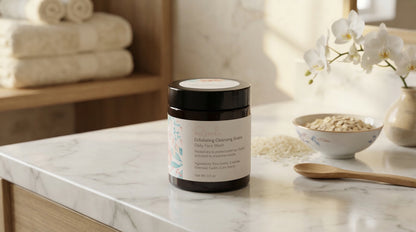 Cosmetic jar on a marble surface with a neutral background