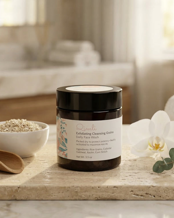 Cosmetic jar on a marble surface with a bowl, spoon, and plant in a bathroom setting