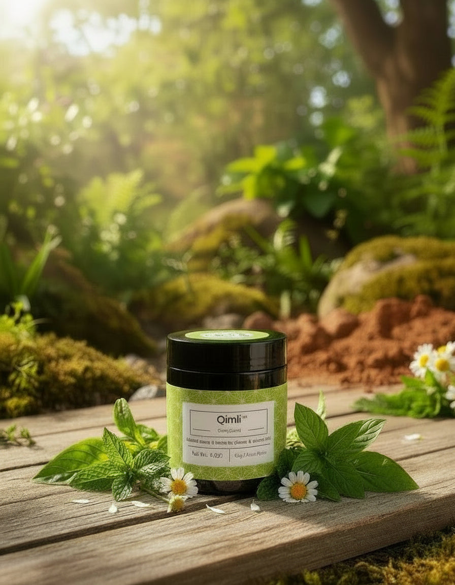 Green jar with a label on a wooden surface surrounded by greenery