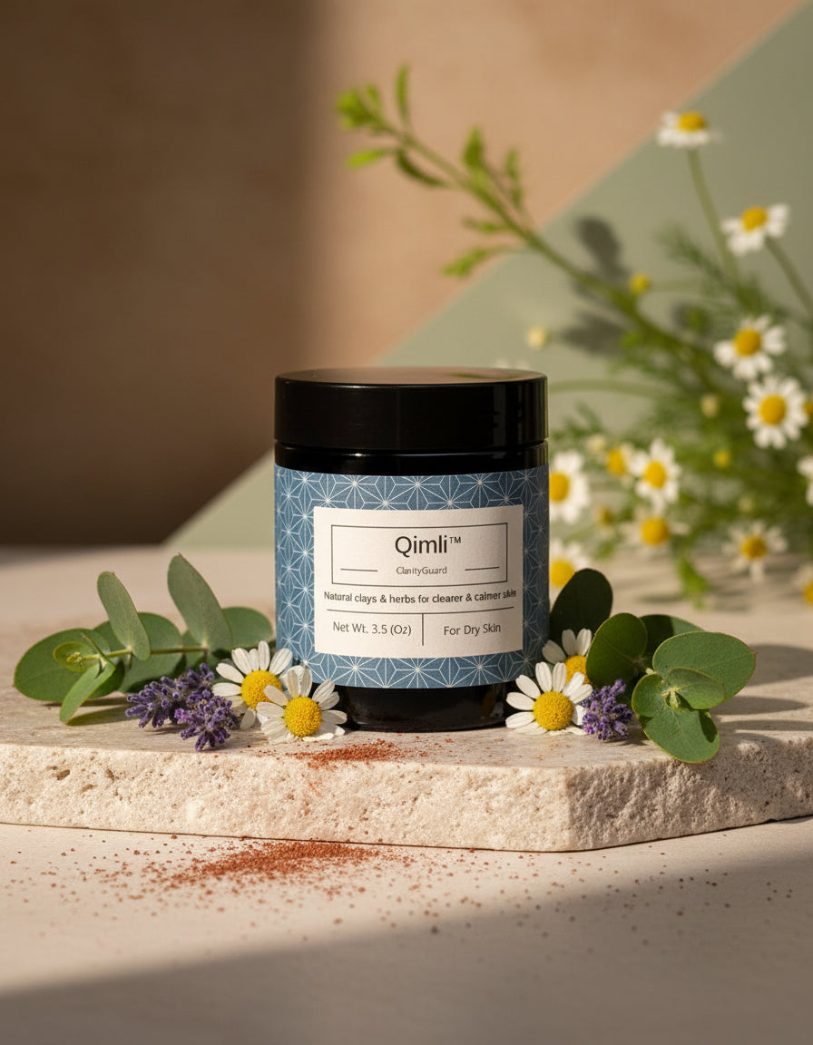 Jar of Qirri' on a stone surface with flowers and greenery