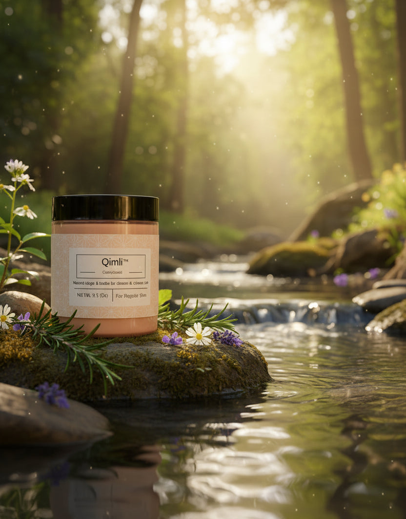 Candle jar labeled 'Qimii' on a rock by a stream in a forest