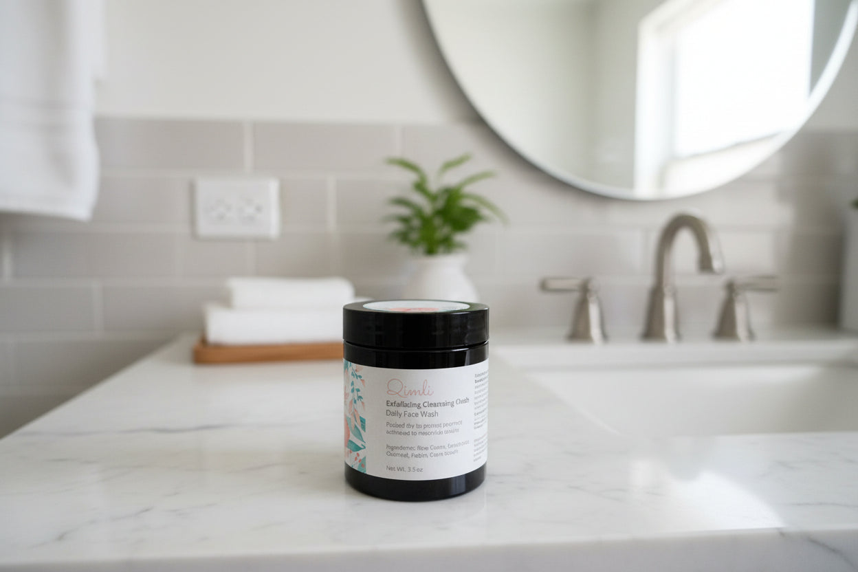 Jar of skincare product on a bathroom counter with a mirror and sink in the background