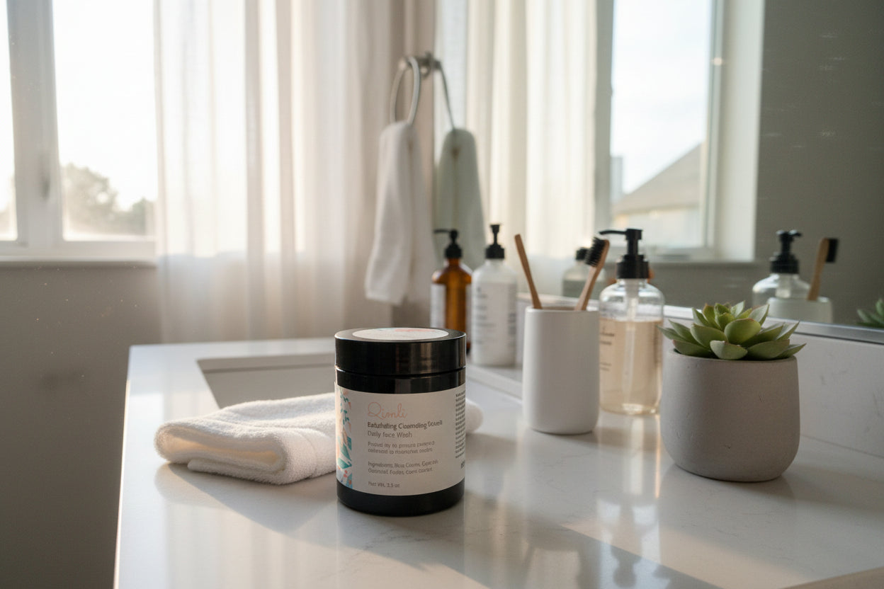 Bathroom counter with skincare products and a candle