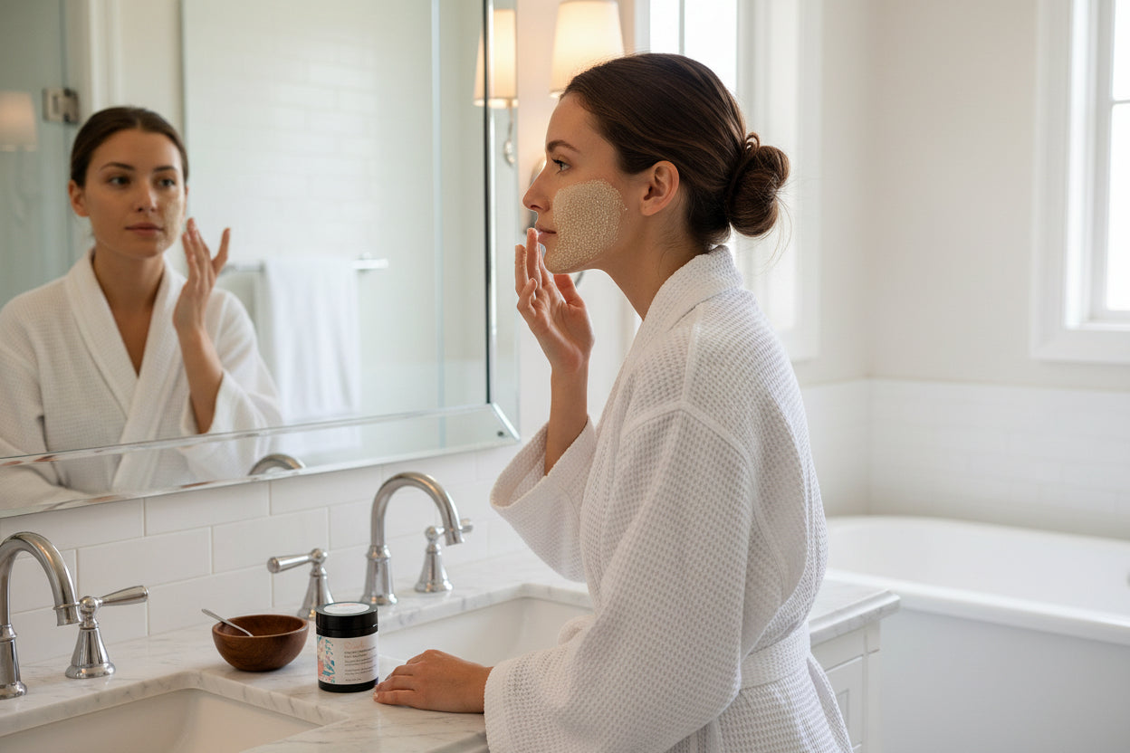Jar of Qimli Exfoliating Cleansing Grains Daily Face Wash on a neutral background