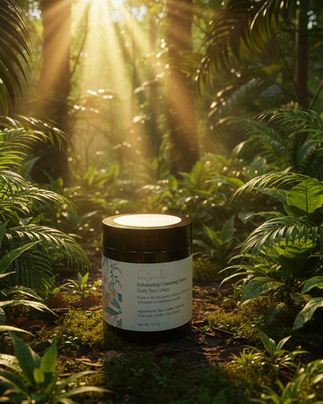 Jar of product in a forest with sunlight filtering through the trees