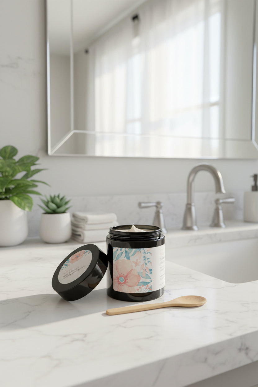 Black container with floral label on a beige surface