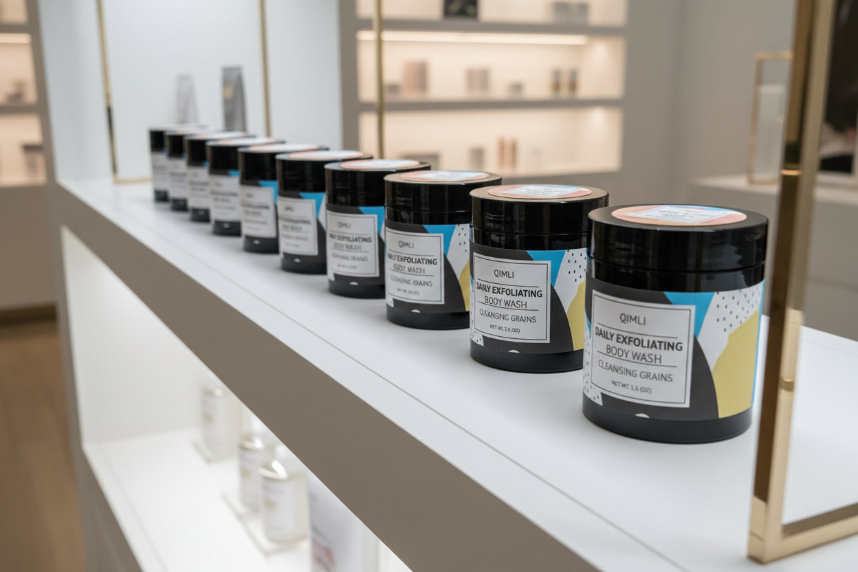 Row of skincare products on a shelf in a store setting