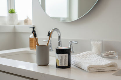 Bathroom counter with toothbrushes, cup, and towel
