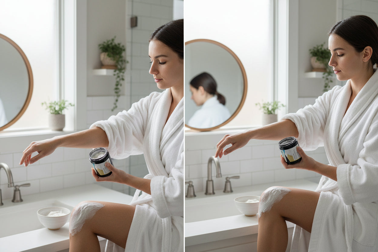 Woman in a bathrobe applying cream to her arm in a bathroom setting.