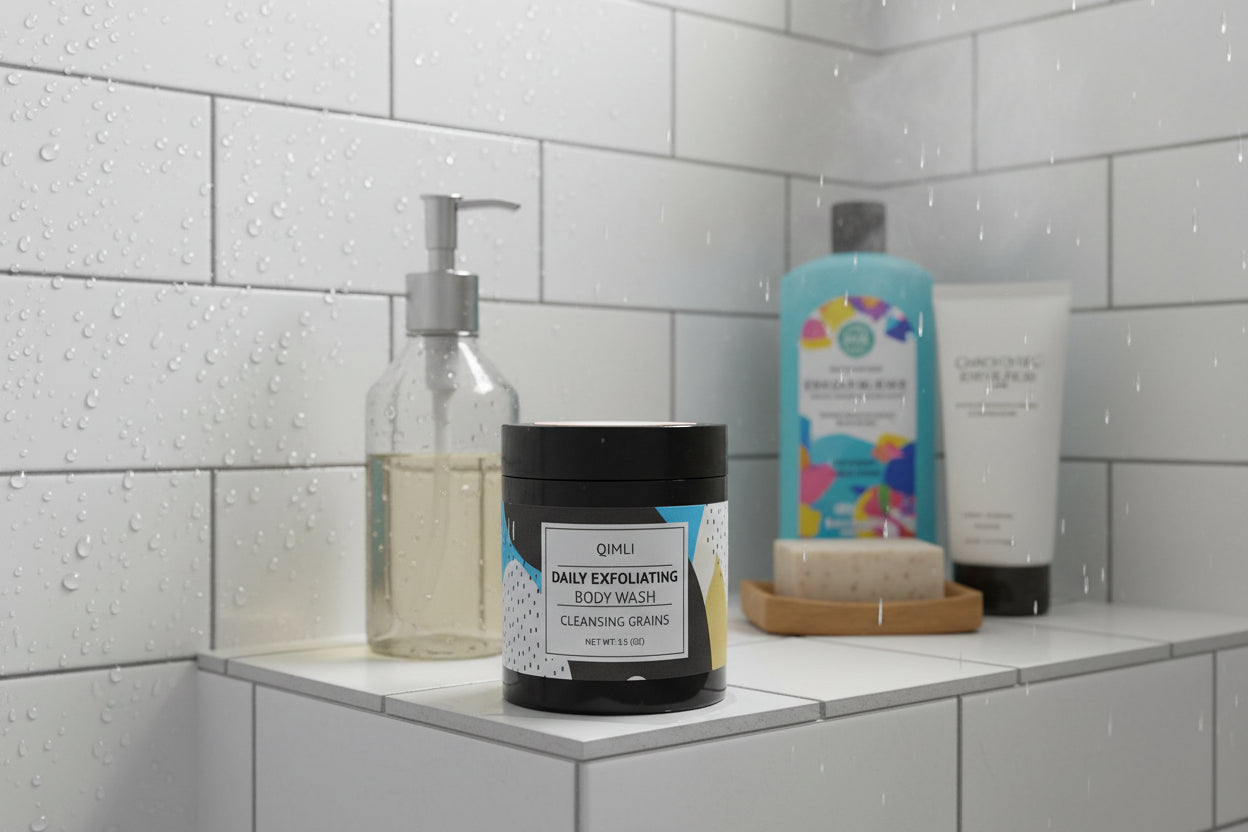 QIMILI Daily Exfoliating Body Wash container on a beige background