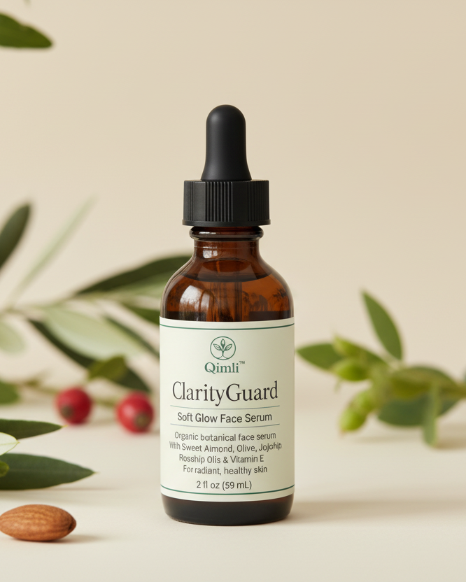 Bottle of ClarityGuard face serum with a dropper on a neutral background with greenery.