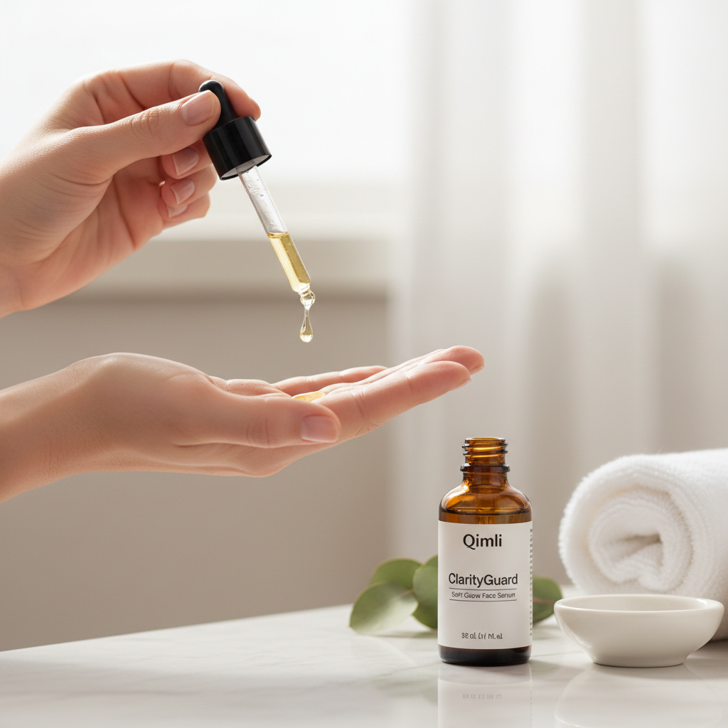 Bottle of ClarityGuard face serum with a dropper on a neutral background with greenery.