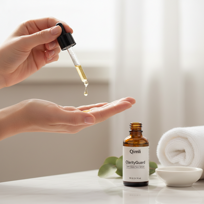 Bottle of ClarityGuard face serum with a dropper on a neutral background with greenery.