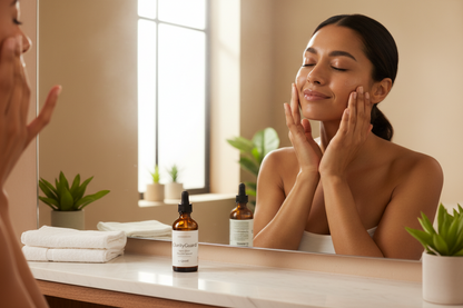 A brown model feeling the softness of serum on her face