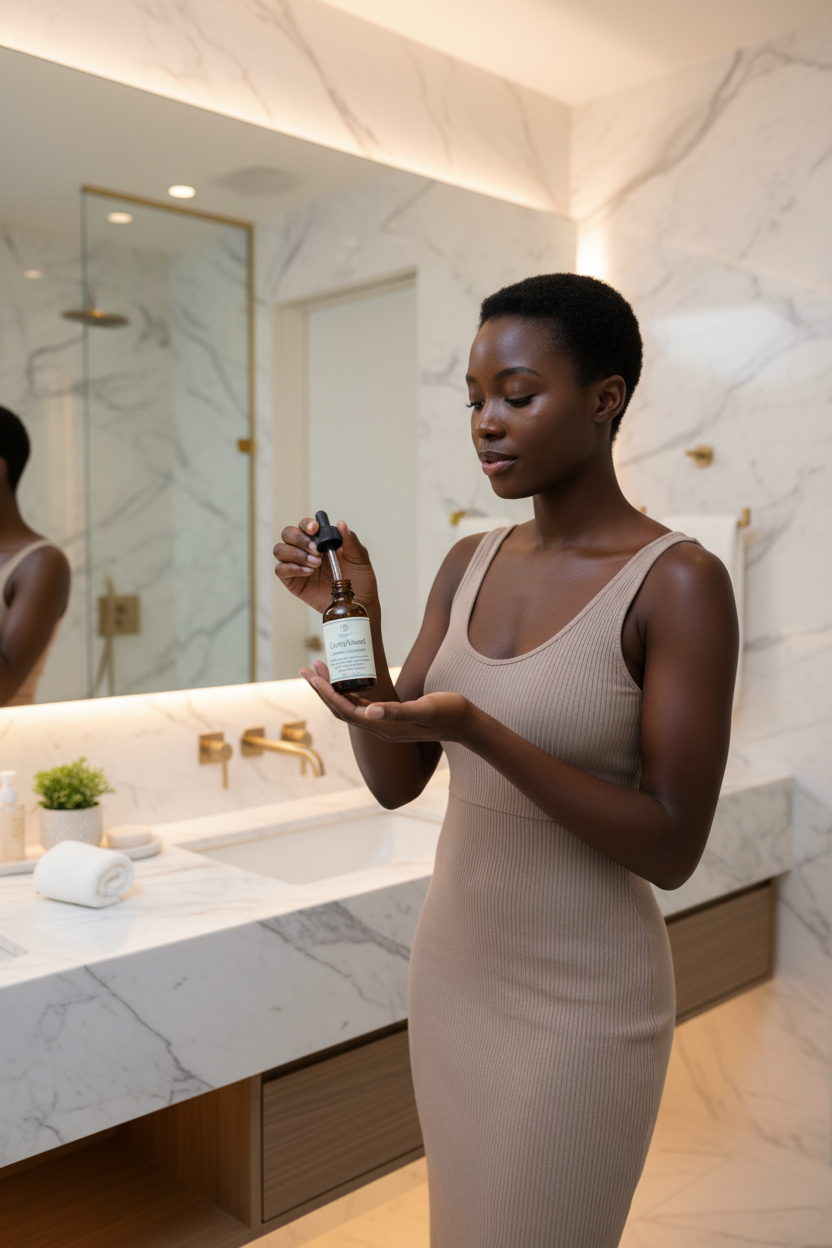 An african american model  holding the face serum to apply it