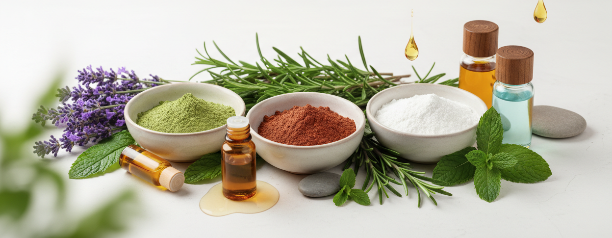 Remove product images but add herbs, oils, and clays to signify that products use high quality natural ingredients